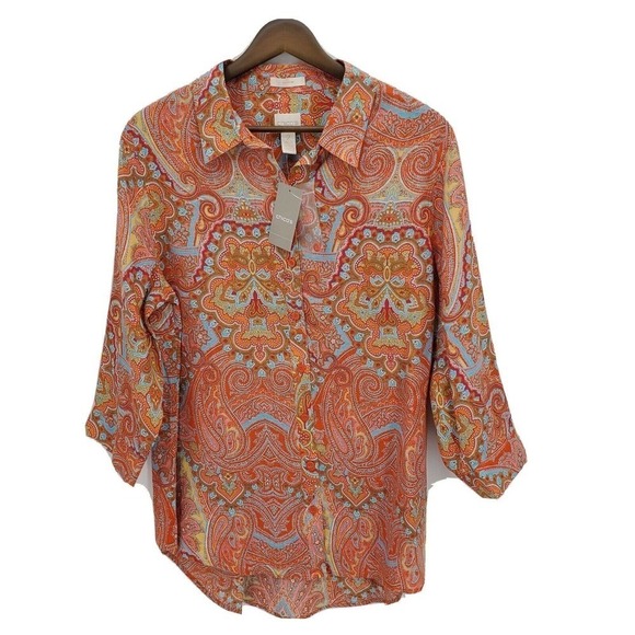 New Chicos Effortless Linen Sina Button-Down Shirt Tunic Orange Paisley Large - Picture 1 of 4